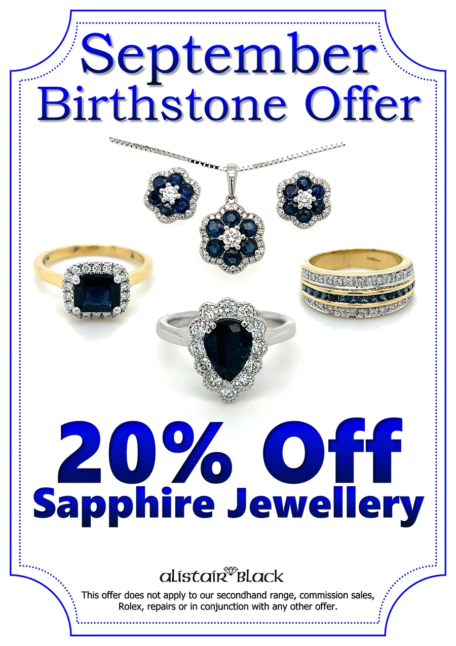 20% of Sapphire Jewellery throughout September at Alistair Black