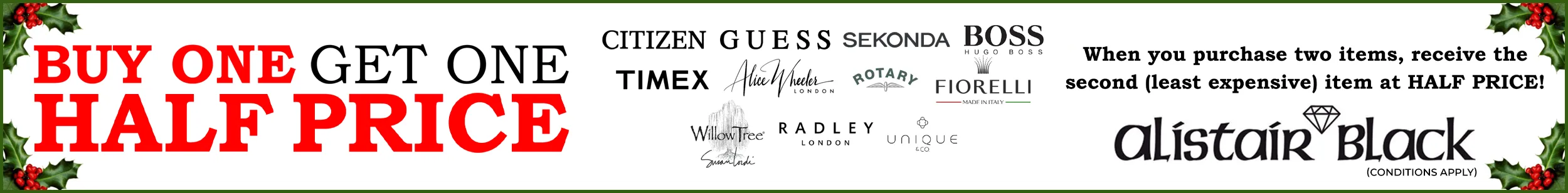 Buy one get one half price offer at Alistair Black