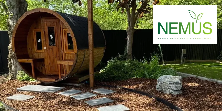 Photo of garden cabin and landscaped garden