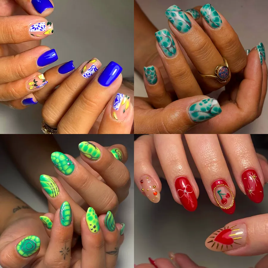 A montage of colourful nail designs
