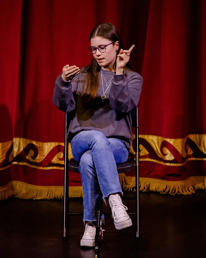 Mia from Chelmer Valley High School gave a monologue of Emma Gordon’s Mobile Madness. Photo by Aaron Crowe.