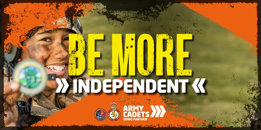 Smiling young Essex Army Cadet Force member and "Be more independant" text