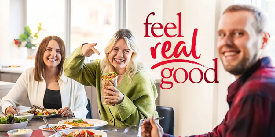 Photo of three people enjoying food and the title "feel real good".