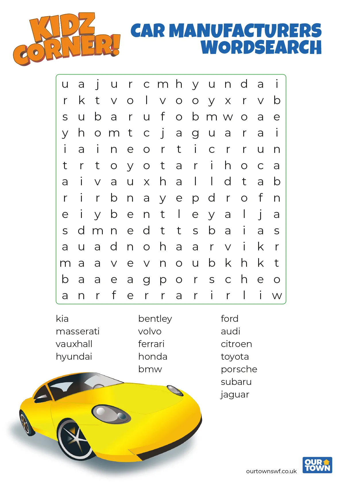 Kidz Corner Car Wordsearch