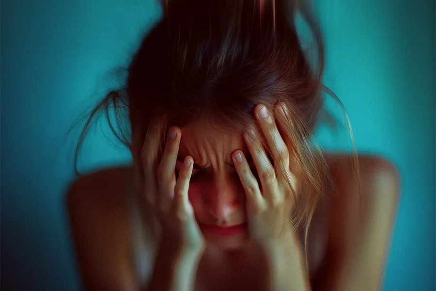 Young lady with her head in her hands