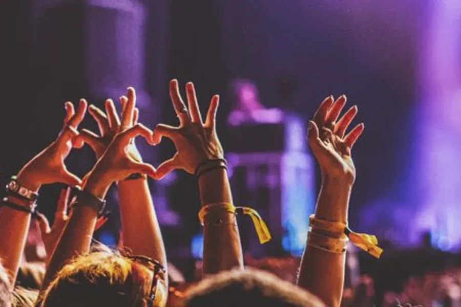 Photo of hands in the air at a festival concert