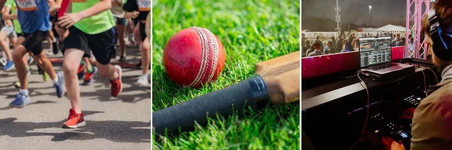 A collage of photos of marathon runners, a cricket ball and bat, and a DJ set.