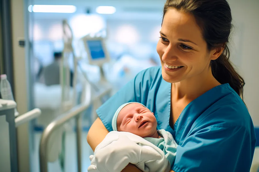Nurse cradling a newborn baby