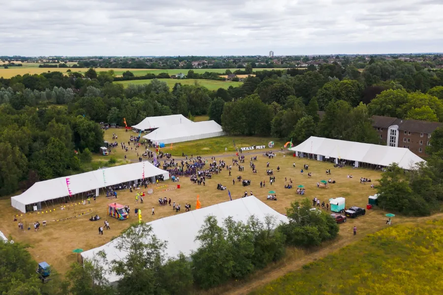 Aerial view of marquees and people