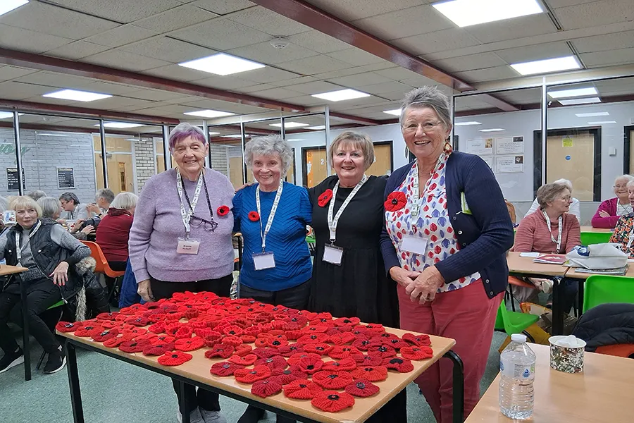 Knitted red poppies