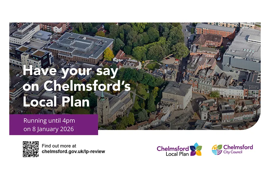 'Have your say on Chelmsford's Local Plan' and aerial view of Chlemsford