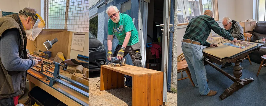 Several men making and repairing things at SWF Men's Shed