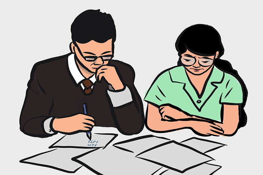 husband and wife discussing paperwork