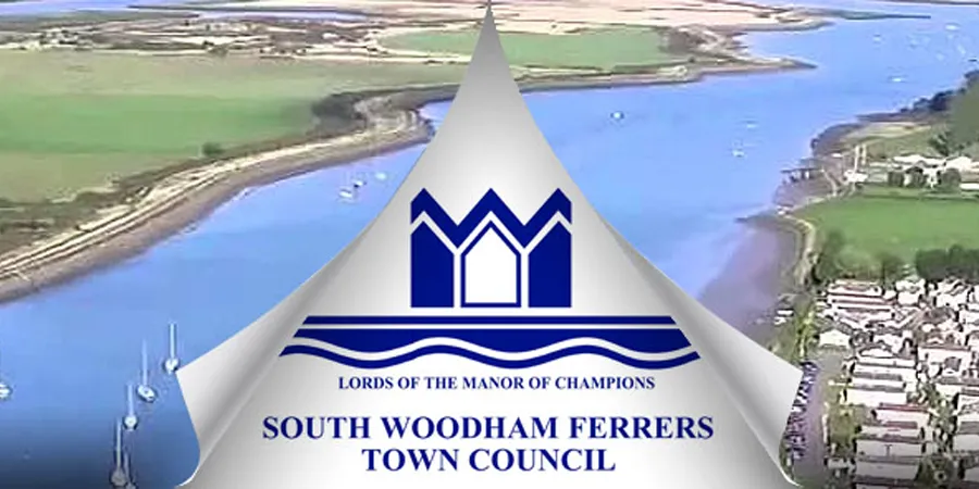 South Woodham Ferrers Town Council logo and aerial photo of the River Crouch